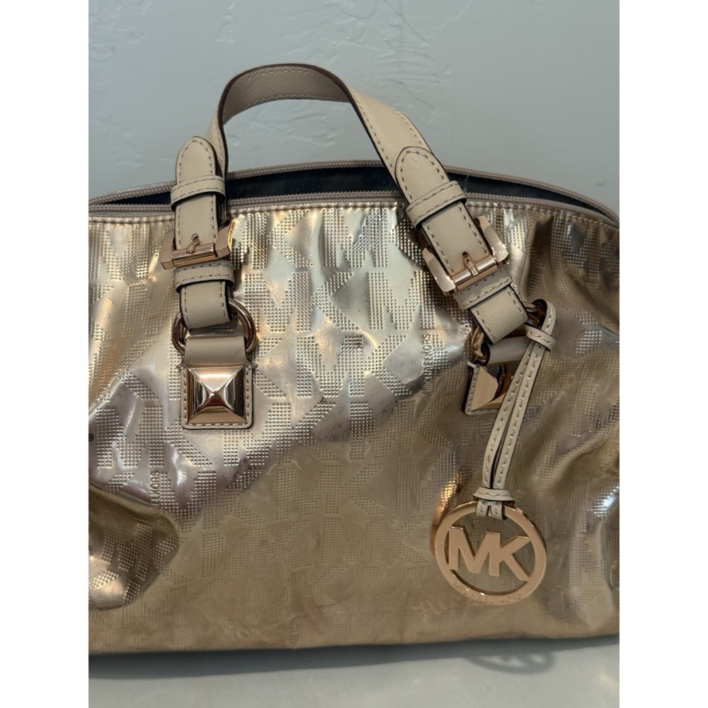 Michael Kors Grayson Satchel Rose Gold Mirror Metallic Logo Monogram Bag Y2K - Picture 13 of 16